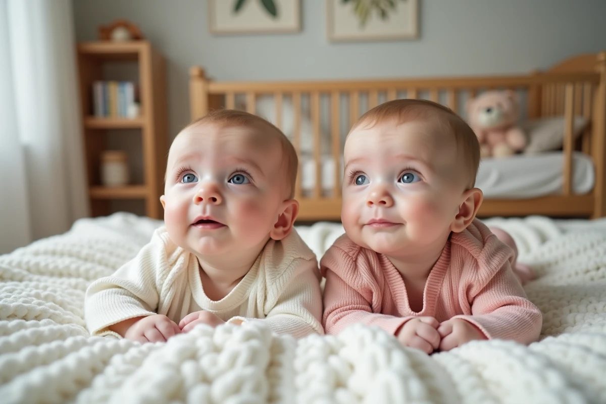 Jumeaux nouveau-nés allongés côte à côte sur une couverture blanche dans une chambre de bébé moderne