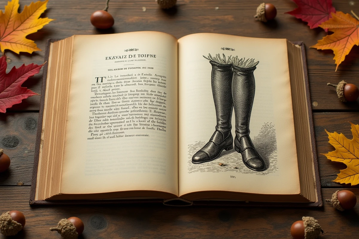 Livre de contes ancien ouvert sur l'illustration des bottes de sept lieues du Petit Poucet, entouré de feuilles d'automne