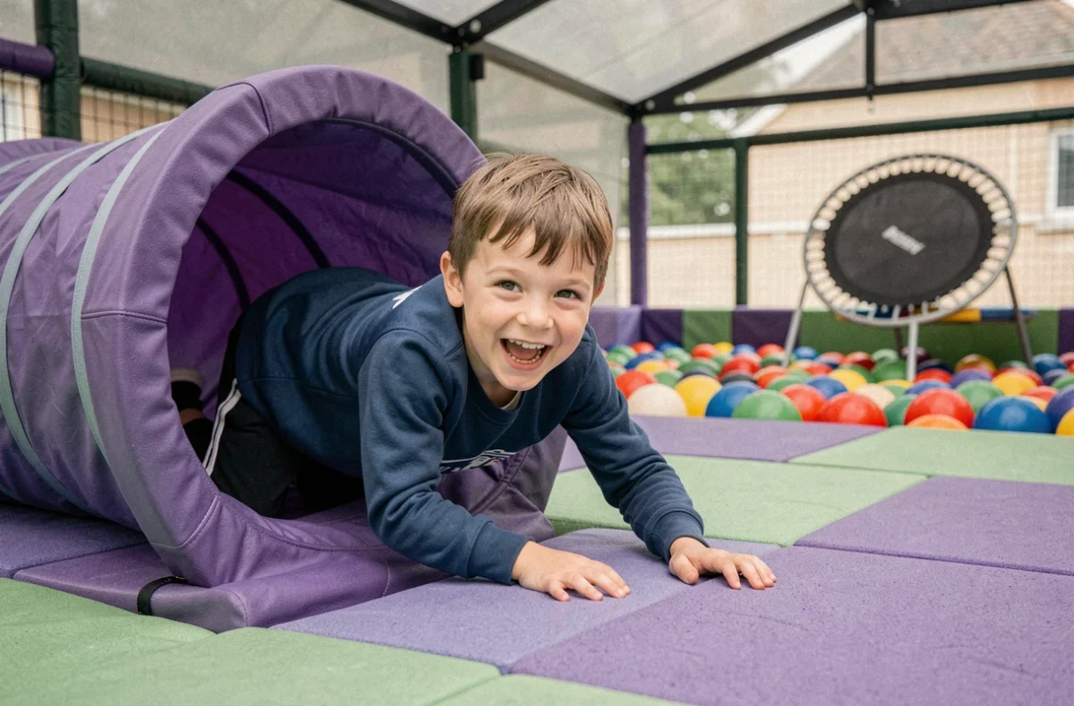 Jeune garçon sortant d'un tunnel de jeux coloré à Lulu Parc, espace d'activités couvertes à Rochecorbon près de Tours