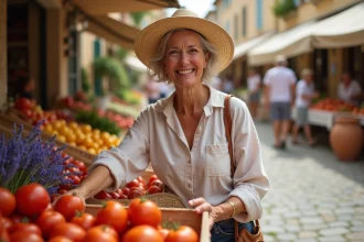 Femme française au marché provençal animé, région PACA, qualité de vie en France