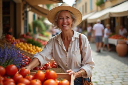 Femme française au marché provençal animé, région PACA, qualité de vie en France