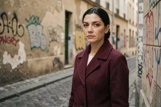 Femme mystérieuse aux allures des années 70 dans une ruelle parisienne pavée, évoquant l'univers de María de la Soledad et l'ère Mesrine