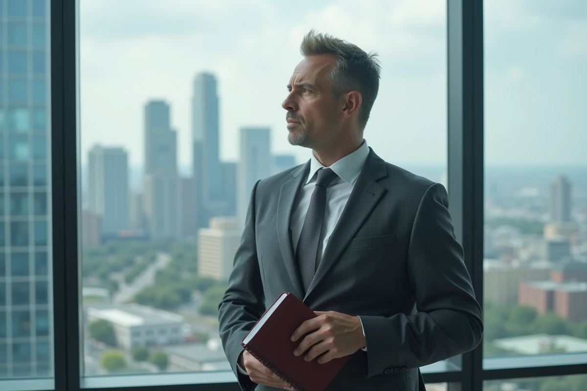 Homme professionnel et posé en costume gris devant une fenêtre urbaine, personnifiant leadership et maturité masculine