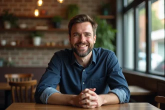 Homme confiant et souriant dans un café, illustrant une personnalité masculine charismatique et détendue