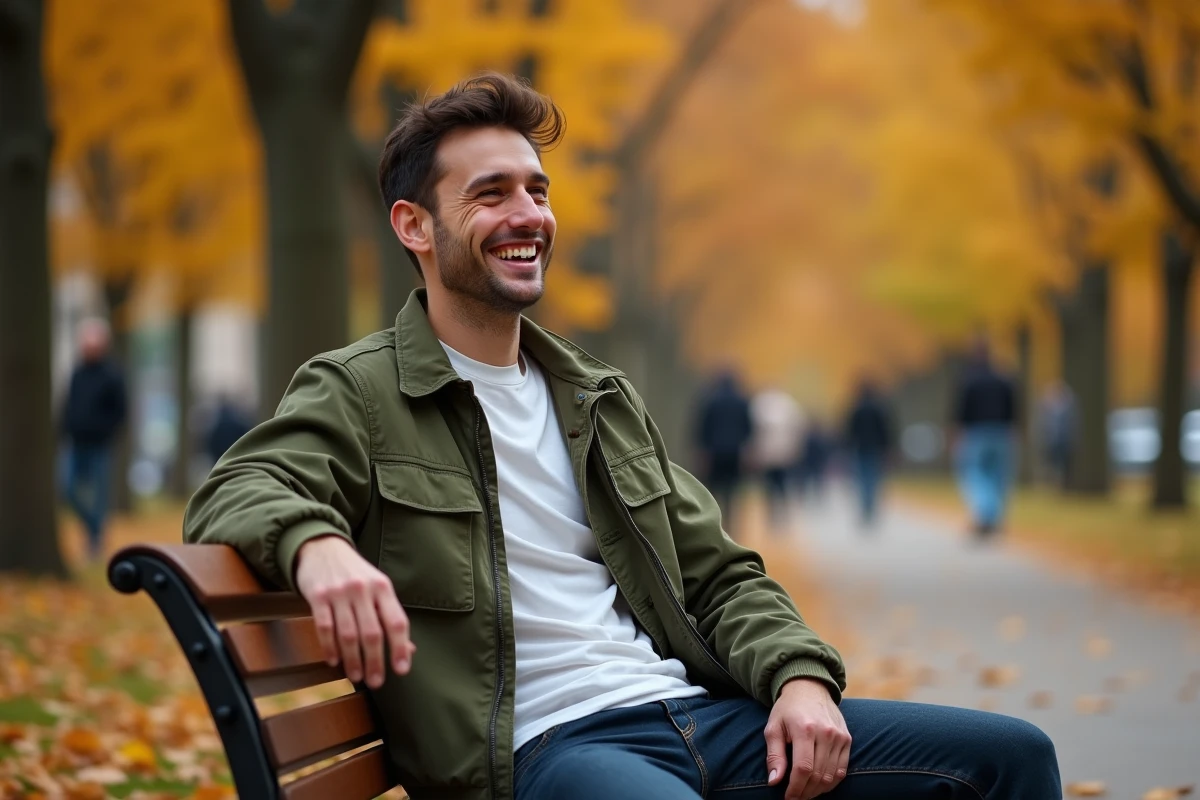 Jeune homme authentique et souriant dans un parc en automne, illustrant une personnalité masculine chaleureuse et naturelle