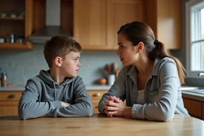 Mère et adolescent difficile assis face à face à la table de cuisine dans une atmosphère de tension familiale