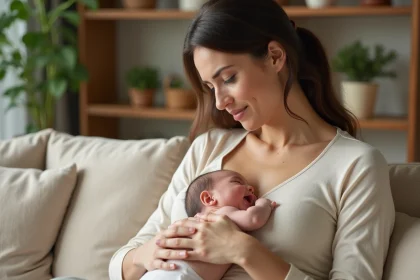 Mère allaitant un bébé agité sur un canapé en lin beige, illustrant les signes d'un pic de croissance pendant l'allaitement