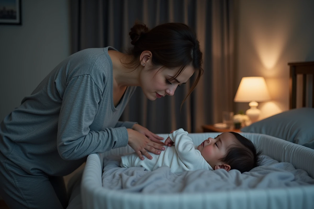 Jeune mère vérifiant son bébé de 2 mois dans un berceau cododo la nuit avec une expression fatiguée mais attendrie