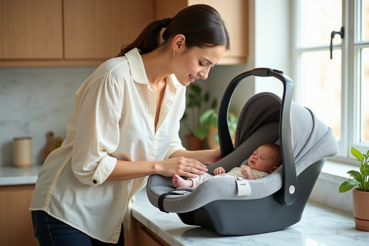 Jeune mère vérifiant son bébé endormi dans un cosy posé sur le plan de travail, mettant en avant la vigilance nécessaire autour du sommeil en siège auto