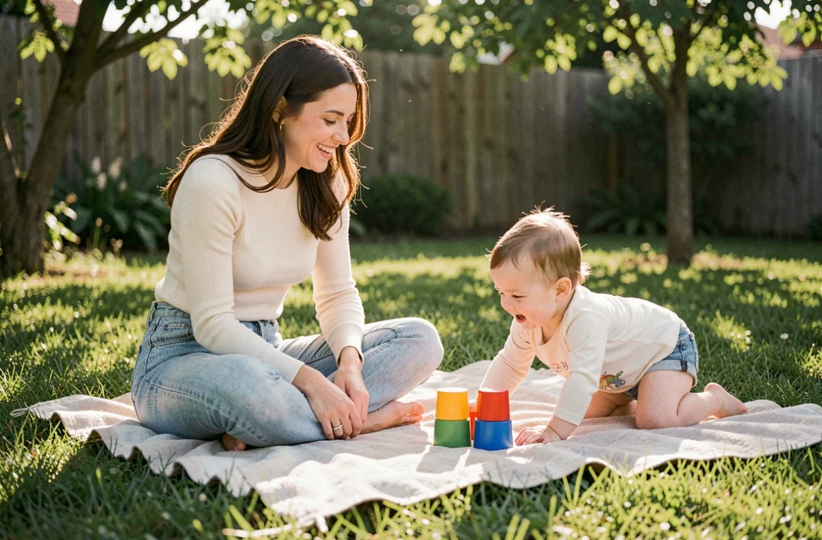 Mère et bébé de 1 an jouant avec des jouets d'éveil en plein air sur une couverture dans le jardin pour stimuler la motricité globale