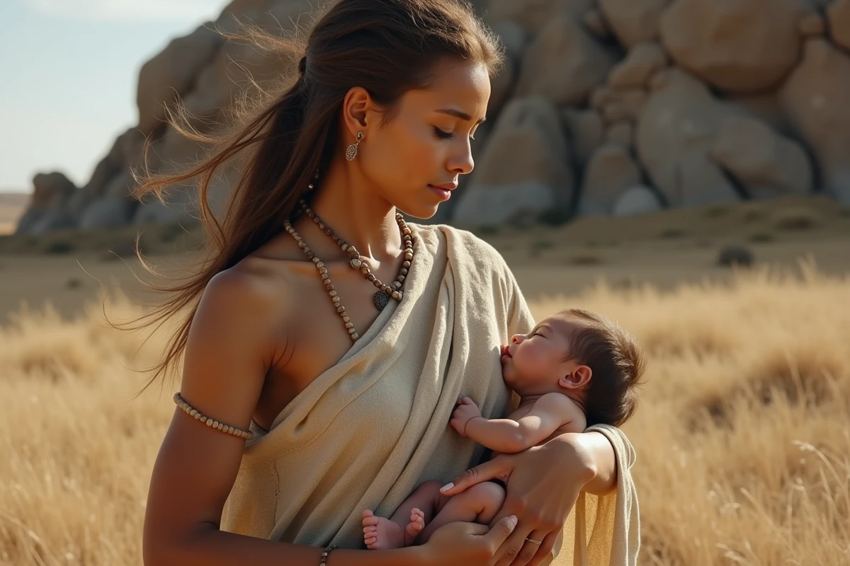 Jeune femme tenant un nouveau-né dans un paysage de savane aride, représentation de la naissance des premiers humains