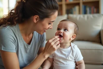 Mère examinant les gencives de son bébé pour détecter les signes de percée des dents de lait