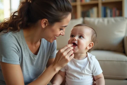 Mère examinant les gencives de son bébé pour détecter les signes de percée des dents de lait