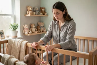 Jeune mère inquiète penchée au-dessus du berceau de son bébé dans une chambre d'enfant douce et apaisante, illustrant les questions sur l'attachement parent-enfant
