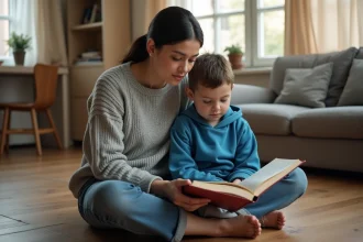 Mère célibataire aidant son fils à faire ses devoirs sur le sol du salon, ambiance chaleureuse et intime