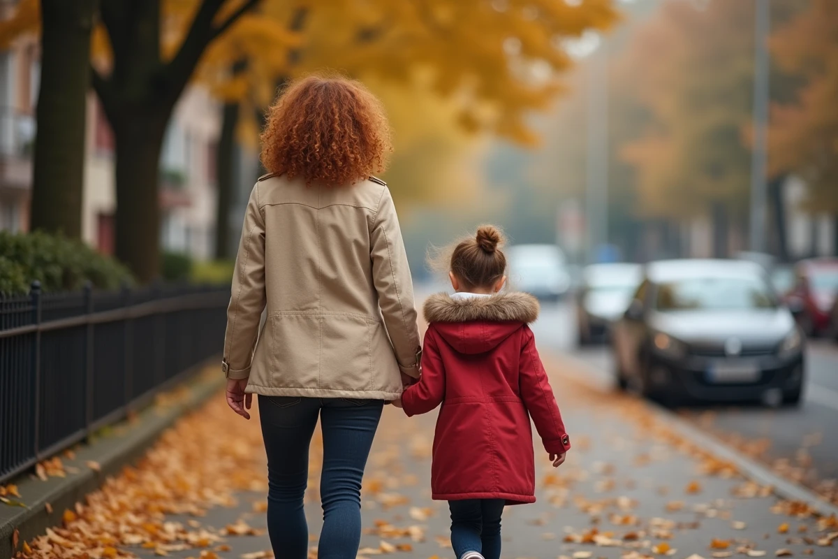 Mère célibataire marchant main dans la main avec sa fille en automne dans une rue de ville