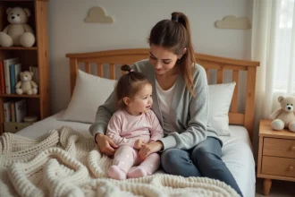 Mère installant sa fille de 3 ans dans son lit en bois dans une chambre d'enfant cosy et décorée avec des peluches