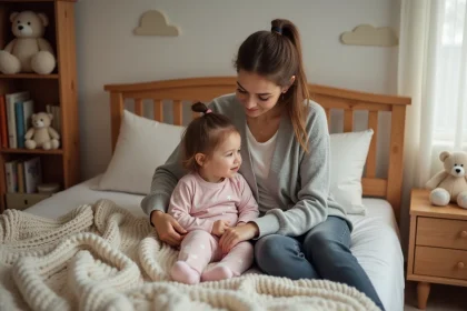 Mère installant sa fille de 3 ans dans son lit en bois dans une chambre d'enfant cosy et décorée avec des peluches