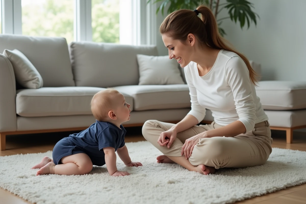Mère encourageant son bébé de 8 mois à ramper vers elle sur un tapis dans le salon
