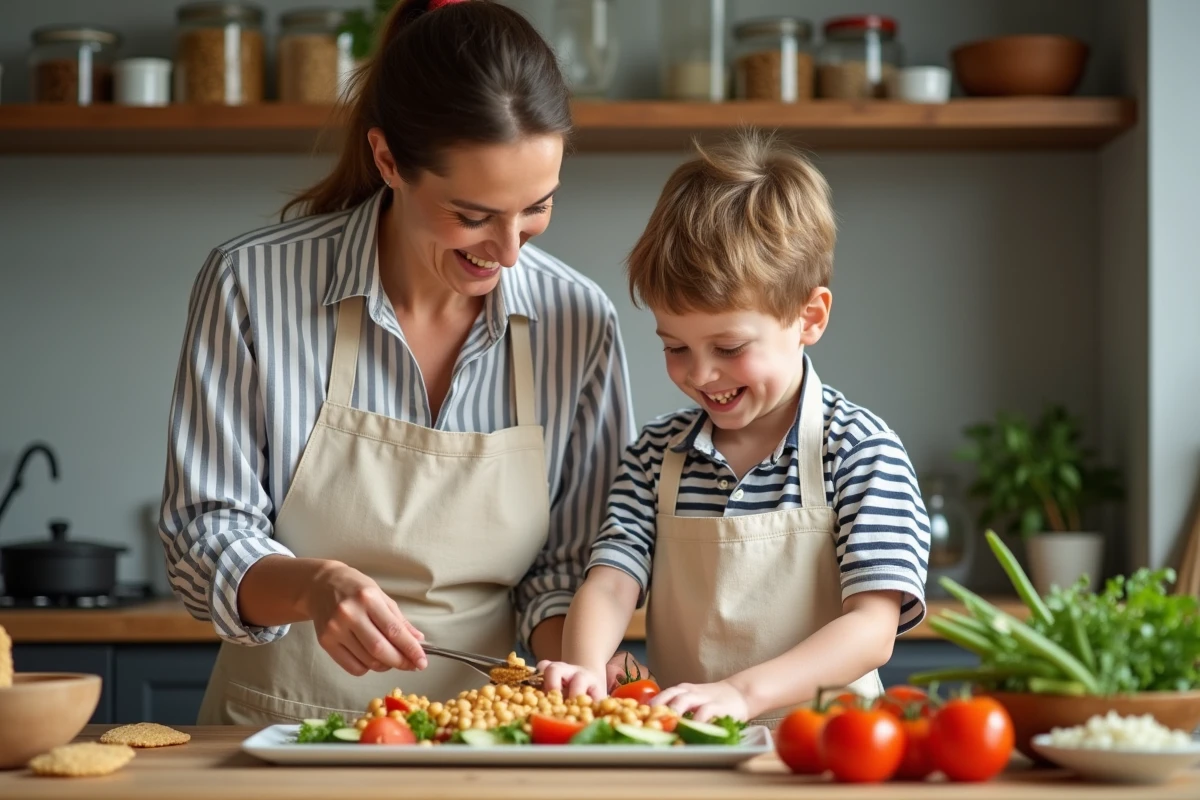 Mère et enfant préparant ensemble une salade nutritive et équilibrée dans une cuisine familiale moderne