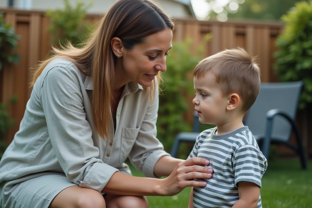 Mère en conversation empathique avec son jeune fils dans un jardin pour désamorcer un conflit parent-enfant