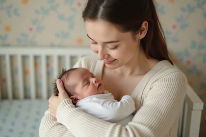 Mère tenant tendrement son nourrisson emmailloté dans une mousseline blanche dans une chambre de bébé apaisante