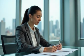 Femme cadre professionnelle assise à un bureau moderne en verre dans un bureau avec vue sur la ville