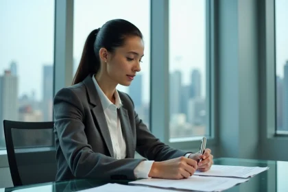 Femme cadre professionnelle assise à un bureau moderne en verre dans un bureau avec vue sur la ville