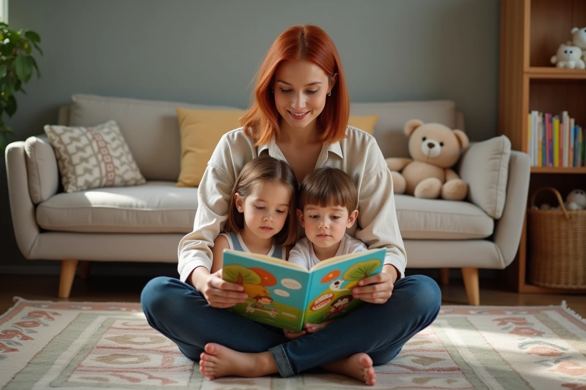 Mère lisant un livre illustré coloré à deux jeunes enfants assis sur un tapis dans un salon familial cosy