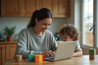 Mère travaillant sur ordinateur portable à la maison pendant que son enfant joue à côté, illustrant la conciliation travail-famille