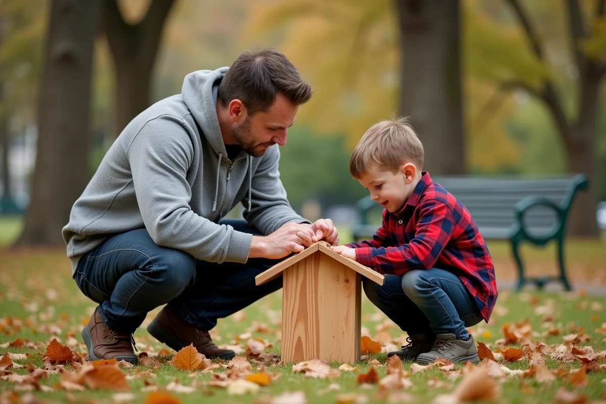 Père et fils construisant une mangeoire à oiseaux dans un parc en automne, symbolisant la mission éducative et affective de la famille