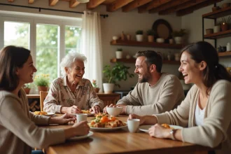 Famille multigénérationnelle réunie autour d'un repas dans une cuisine chaleureuse, illustrant les missions de transmission et de solidarité familiale