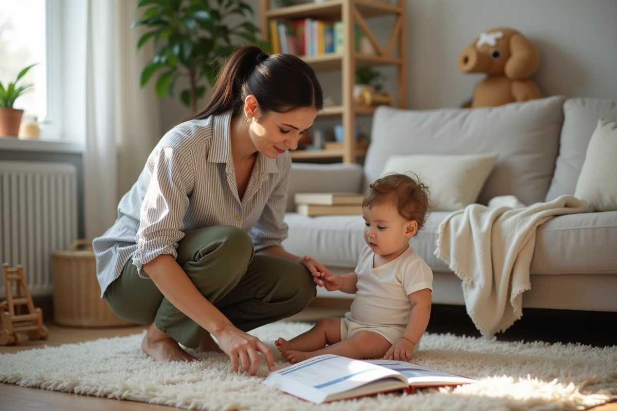 Nounou lisant un livre illustré à un tout-petit dans un salon chaleureux avec un planning de routine posé sur la table basse