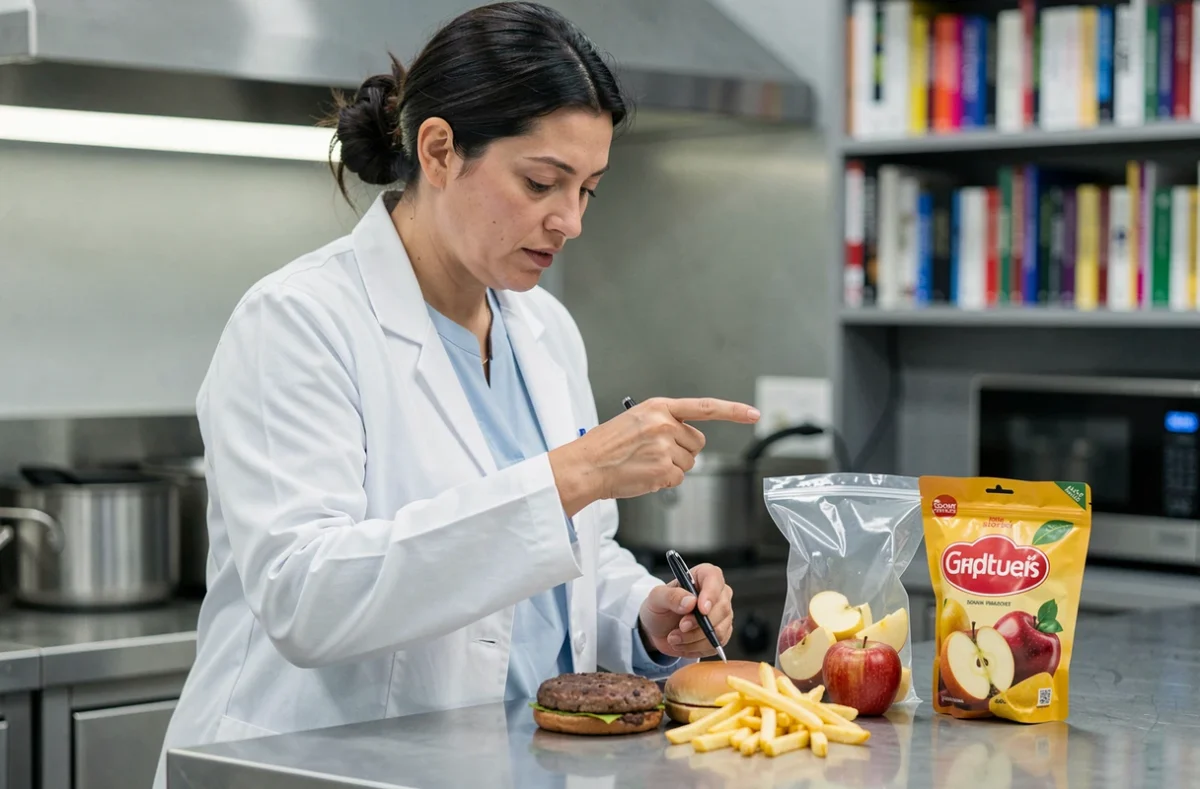 Nutritionniste analysant les composants nutritionnels d'un menu enfant Happy Meal décomposé sur un plan de travail