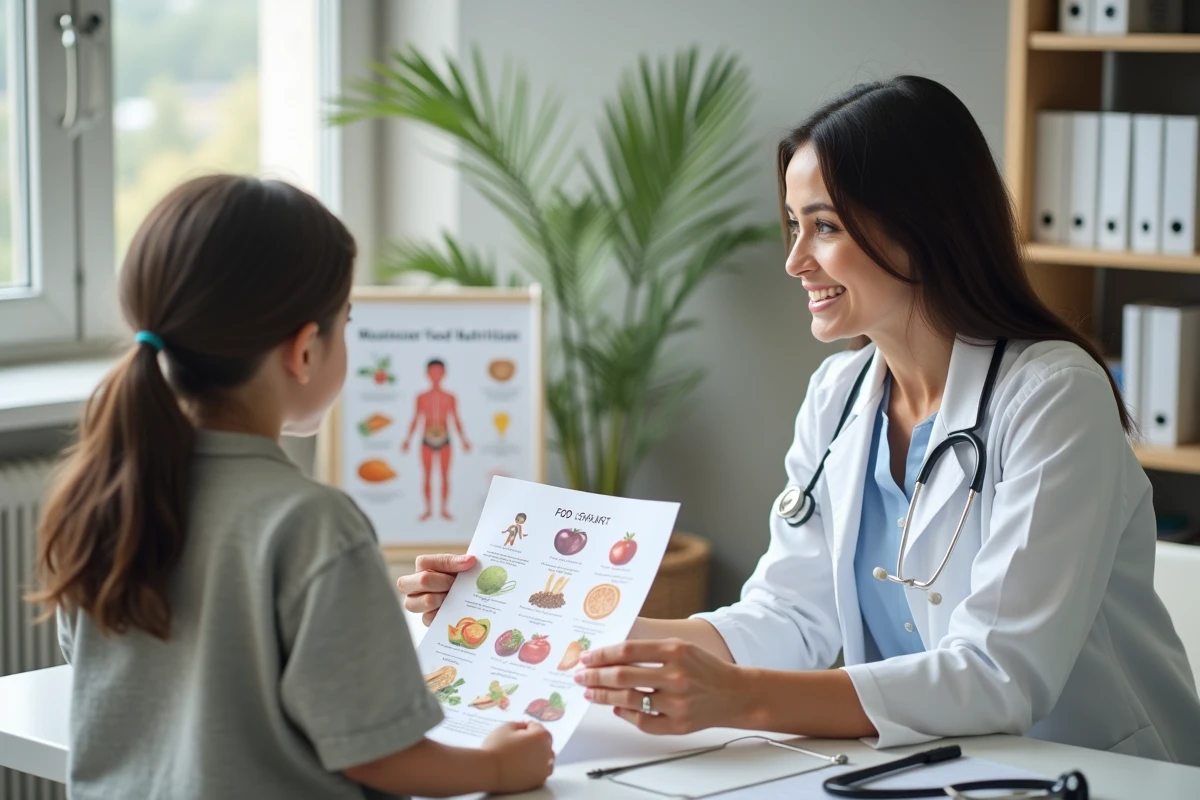 Nutritionniste pédiatrique conseillant un parent sur l'alimentation en viande adaptée aux tout-petits lors d'une consultation