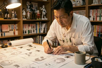 Artiste manga travaillant sur des esquisses de personnages pour One Piece, illustrant la préparation du frère de Shanks par Oda