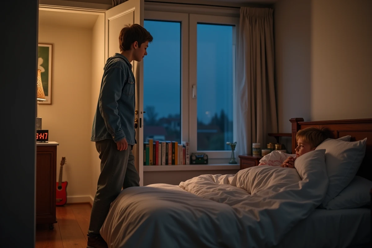 Parent dans l'embrasure d'une porte regardant son enfant couché, illustrant le moment de laisser un préado seul le soir pour la première fois