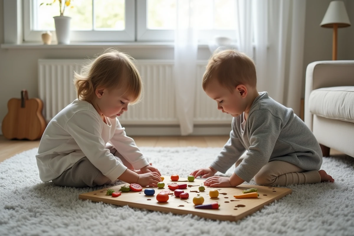 Parent et enfant de 3 ans réunis sur un tapis pour assembler ensemble un puzzle en bois à pièces boutons