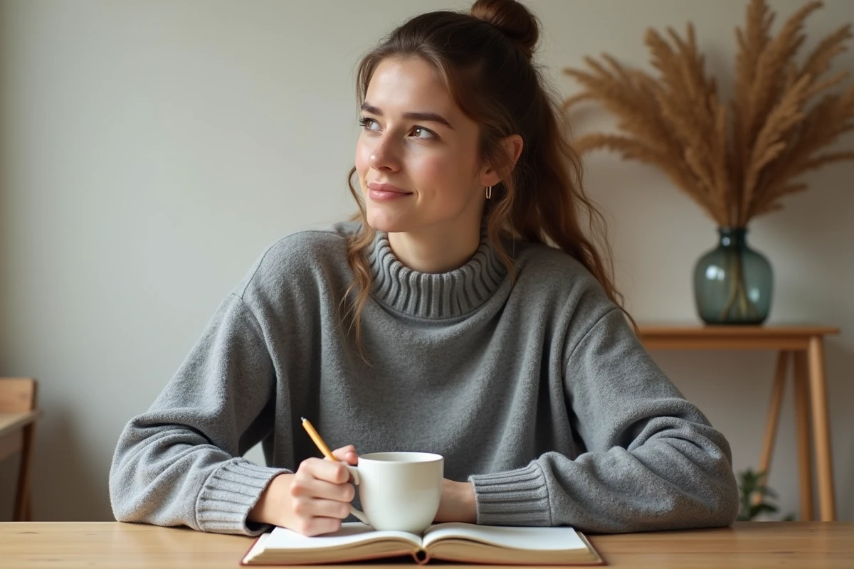 Jeune femme en pause réflexive avec un journal et un café pour un reset mental à la maison