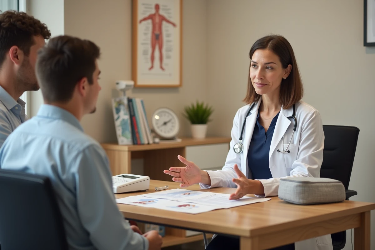 Pédiatre expliquant le sommeil du nourrisson de 2 mois à de jeunes parents lors d'une consultation médicale