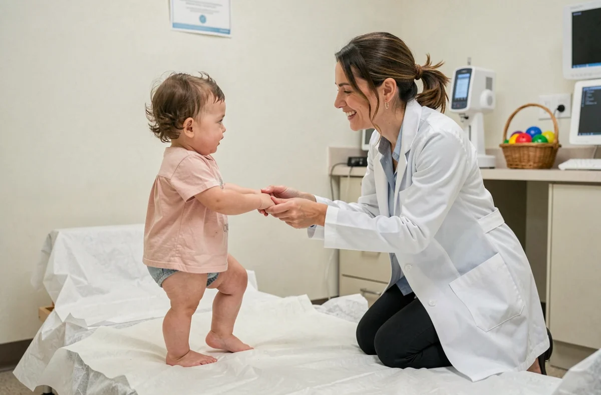 Pédiatre encourageant un bébé de 1 an à marcher lors d'une consultation dédiée au développement de la motricité