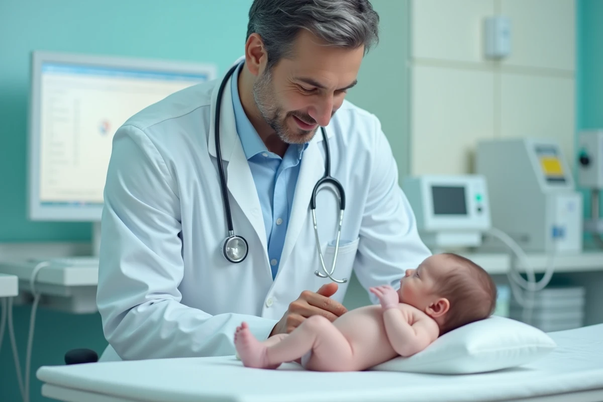 Pédiatre examinant un nourrisson sur une table d'auscultation dans une clinique pédiatrique moderne