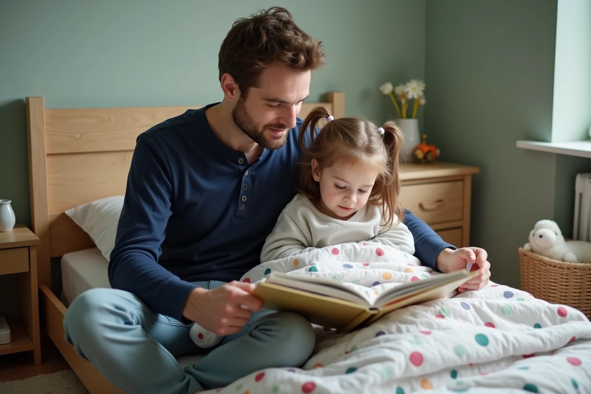 Père lisant une histoire à sa fille de 3 ans couchée dans son lit pour l'aider à s'endormir dans sa chambre