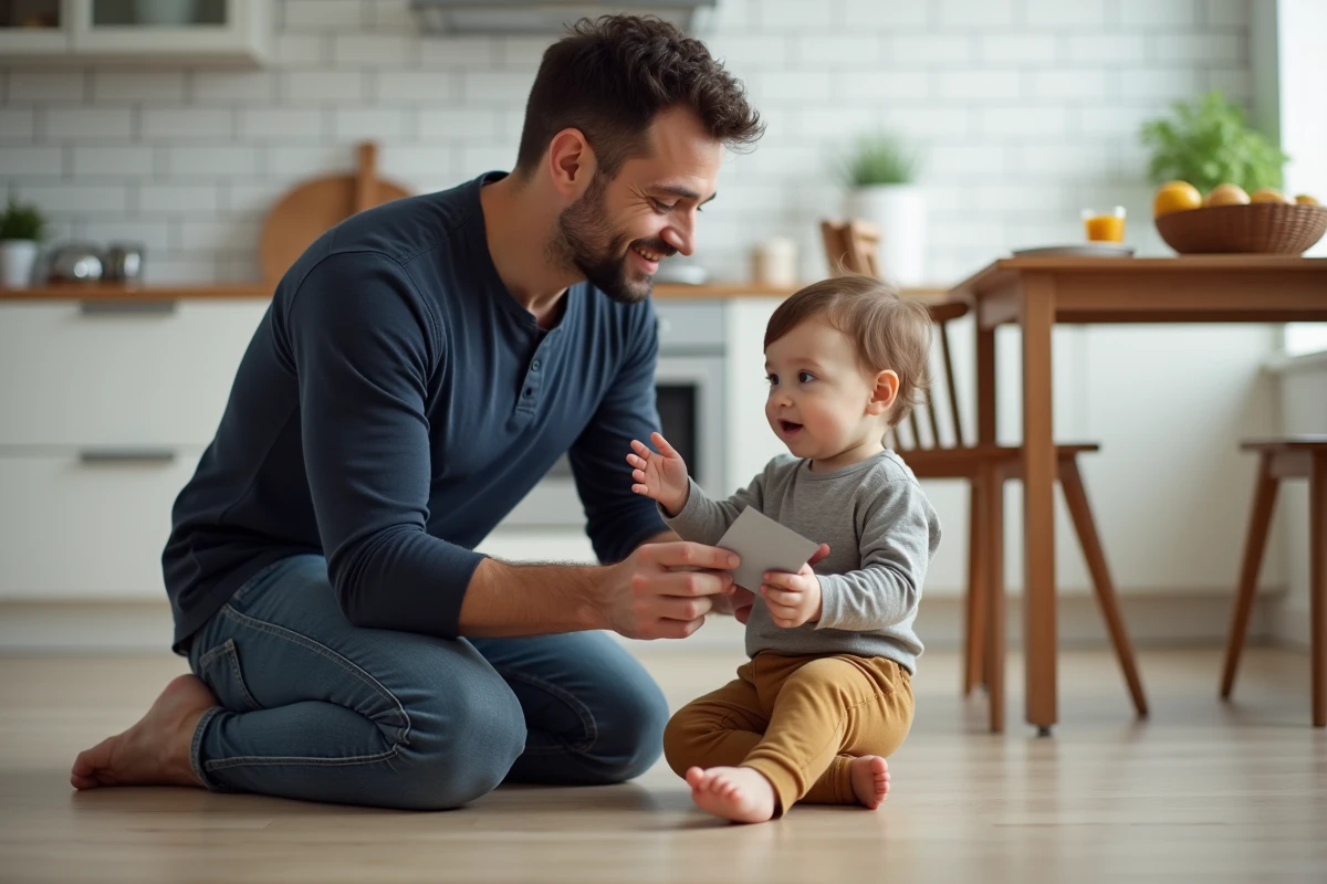 Père en train de parler et d'interagir avec son jeune enfant de dix-huit mois dans une cuisine familiale, stimulant le développement du langage du deuxième enfant