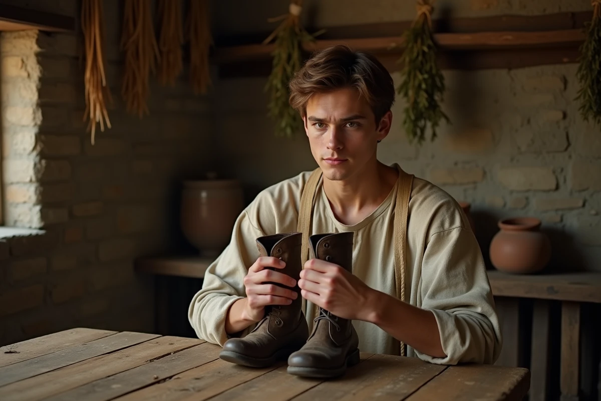 Jeune homme en costume médiéval tenant les bottes de sept lieues du Petit Poucet dans une chaumière rustique