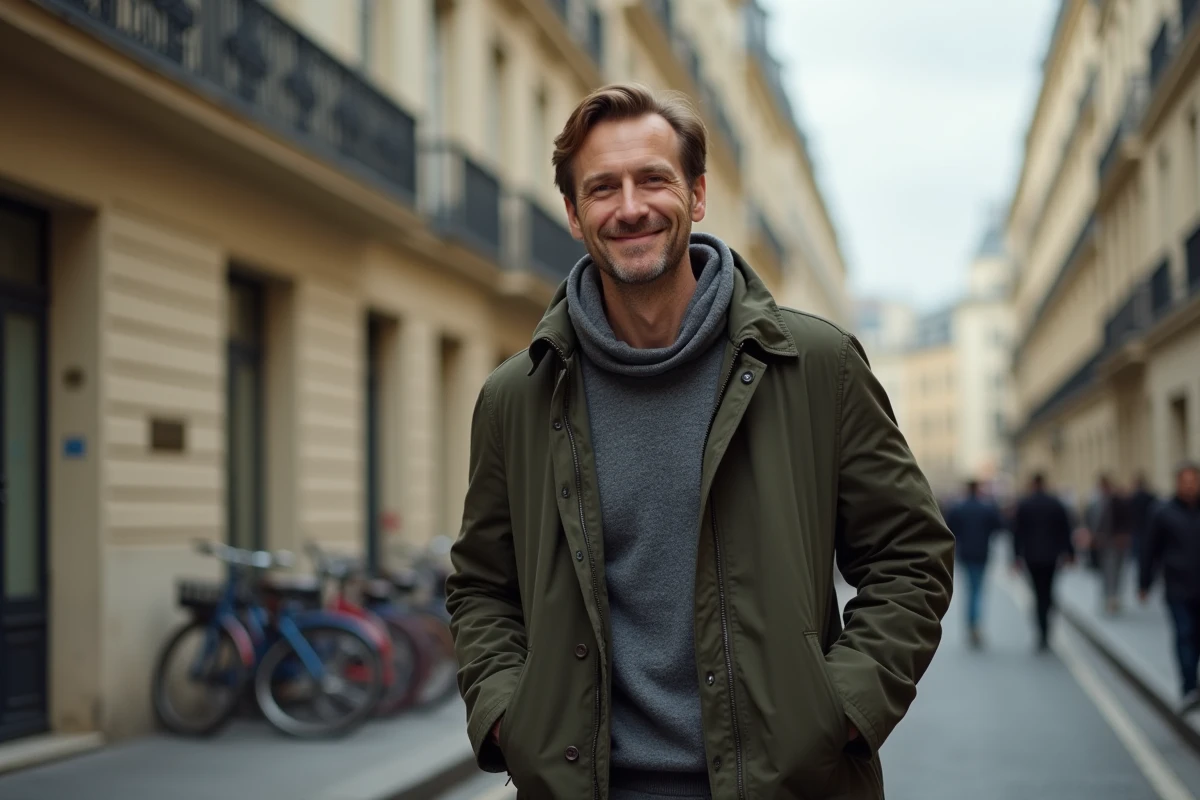 Personnalité politique française en promenade dans une rue parisienne haussmannienne, parka olive, ambiance urbaine authentique