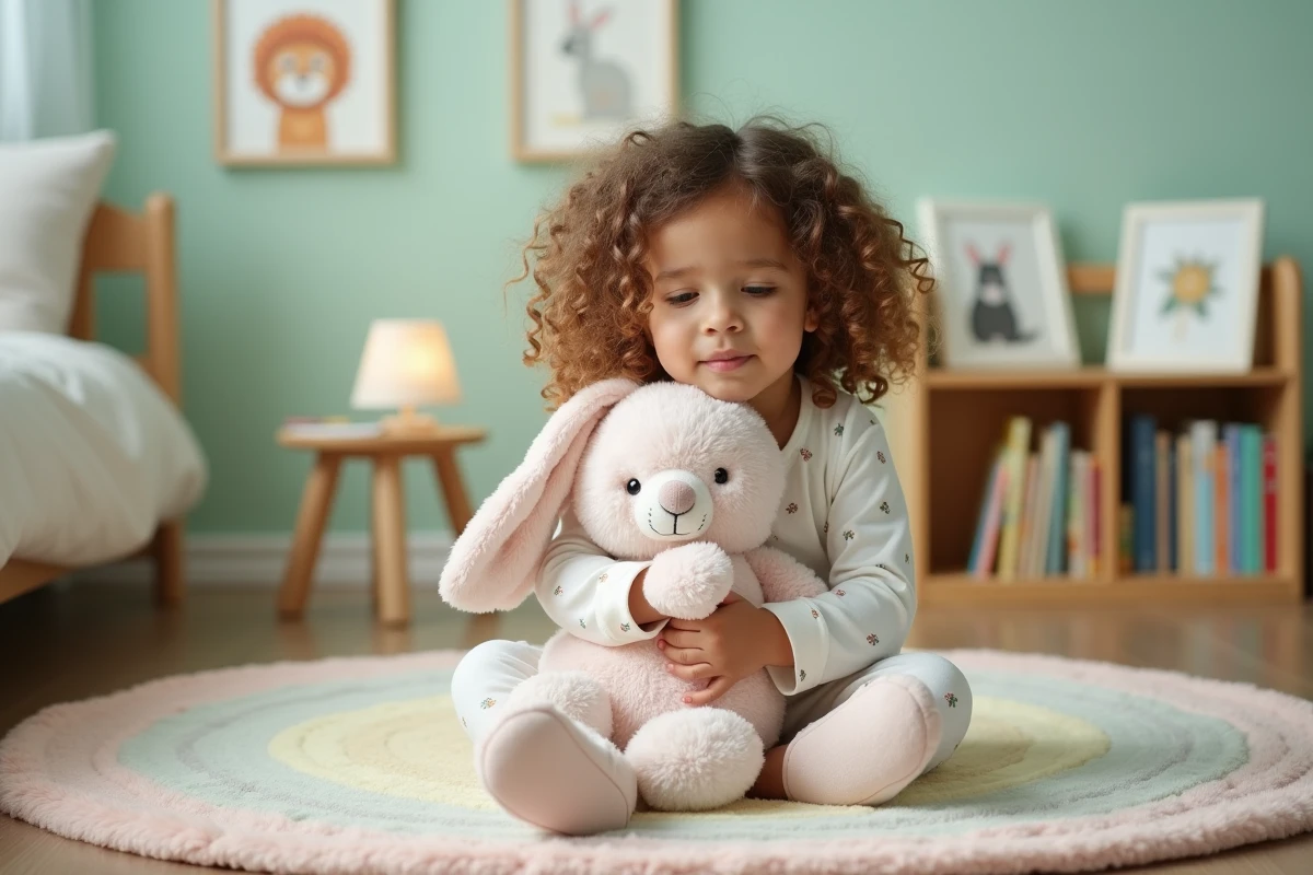 Petite fille de 3 ans assise sur un tapis dans sa chambre tenant un lapin en peluche avant de dormir