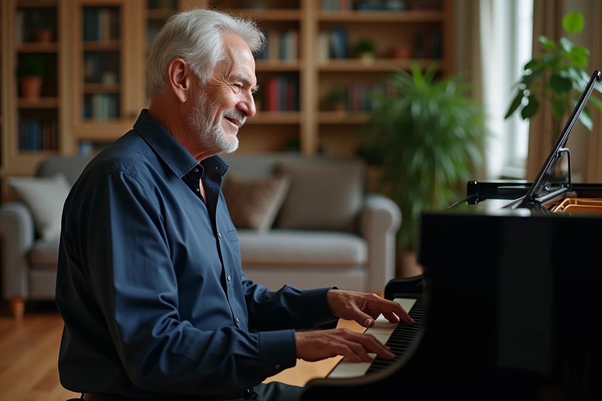 Musicien senior jouant du piano à queue dans un salon chaleureux, évoquant la passion et l'importance durable de la musique