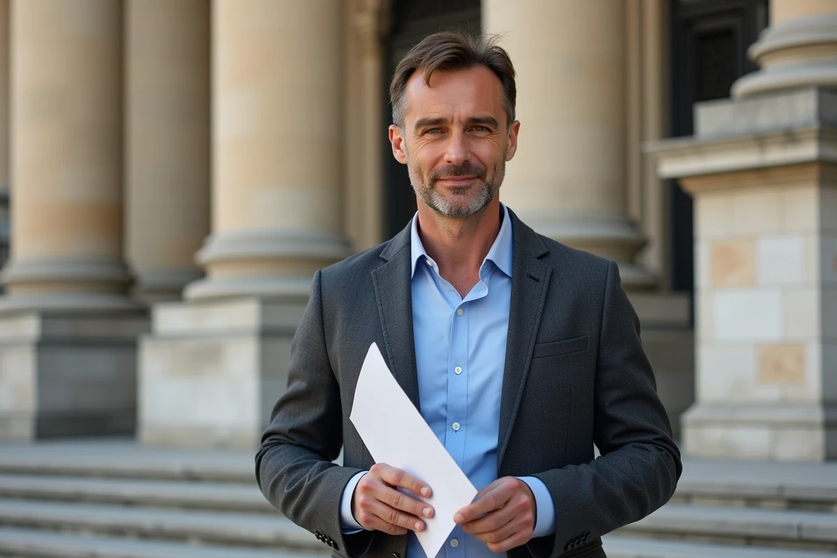 Homme politique français debout devant un bâtiment institutionnel avec colonnes en pierre, tenant des documents, regard caméra