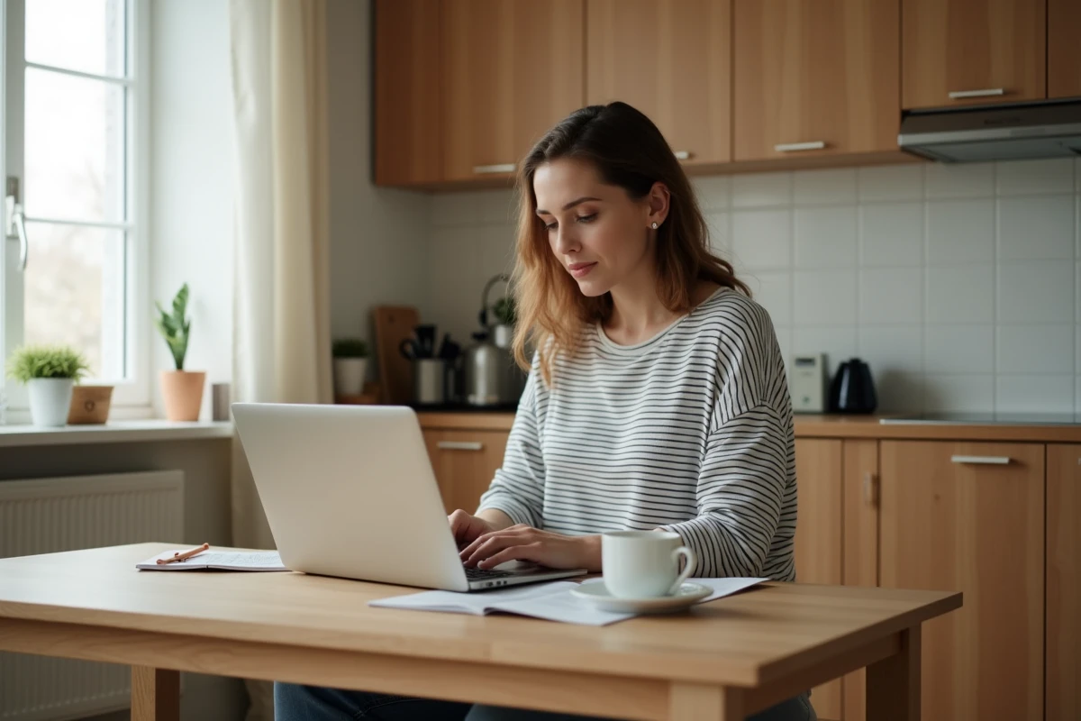 Maman préparant sa demande de congé allaitement depuis son domicile avec un ordinateur portable